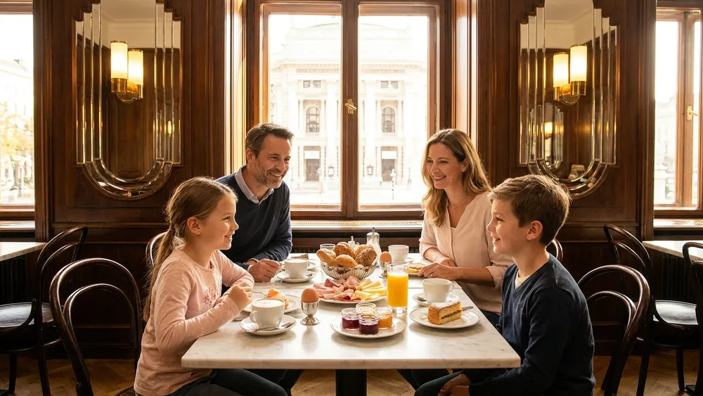 Café Landtmann Wien – Familie beim Sonntagsfrühstück in der holzvertäfelten Kaffeehaus-Atmosphäre