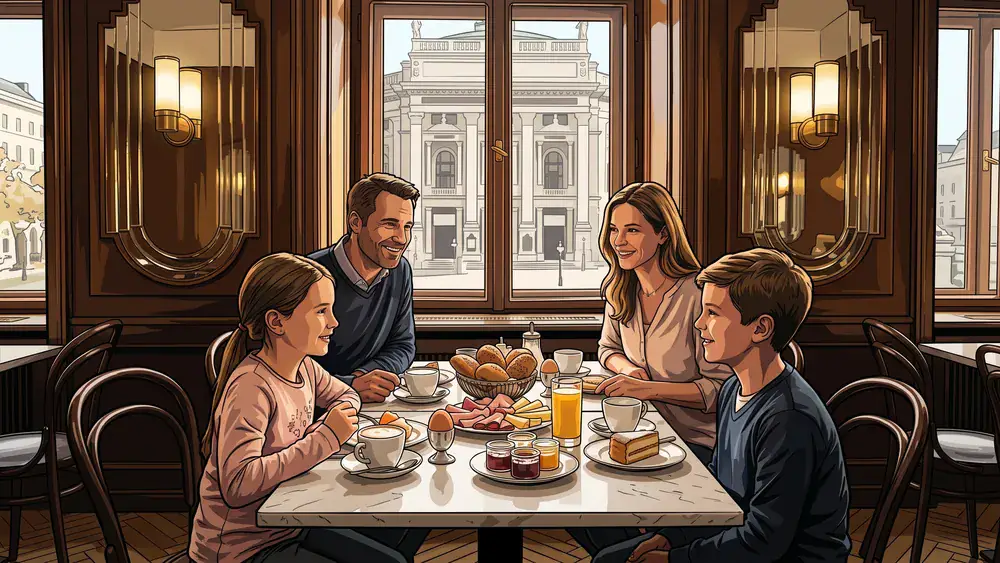 Café Landtmann Wien – Familie beim Sonntagsfrühstück in der holzvertäfelten Kaffeehaus-Atmosphäre