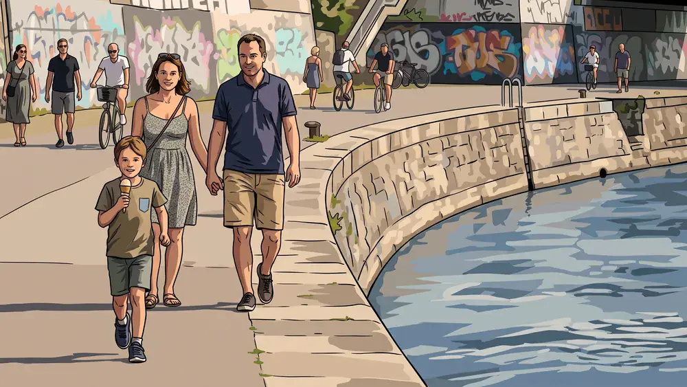 Donaukanal Wien – Familie spaziert die Kanalpromenade entlang vor Graffiti-Wänden