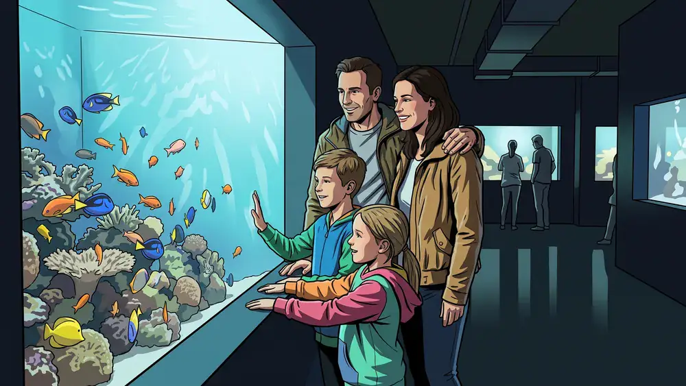Haus des Meeres Wien – Familie schaut in ein leuchtendes Tropisches Korallenriff-Aquarium