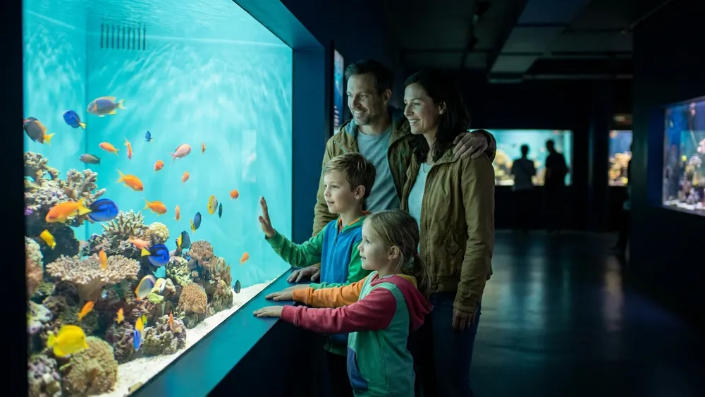 Haus des Meeres Wien – Familie schaut in ein leuchtendes Tropisches Korallenriff-Aquarium