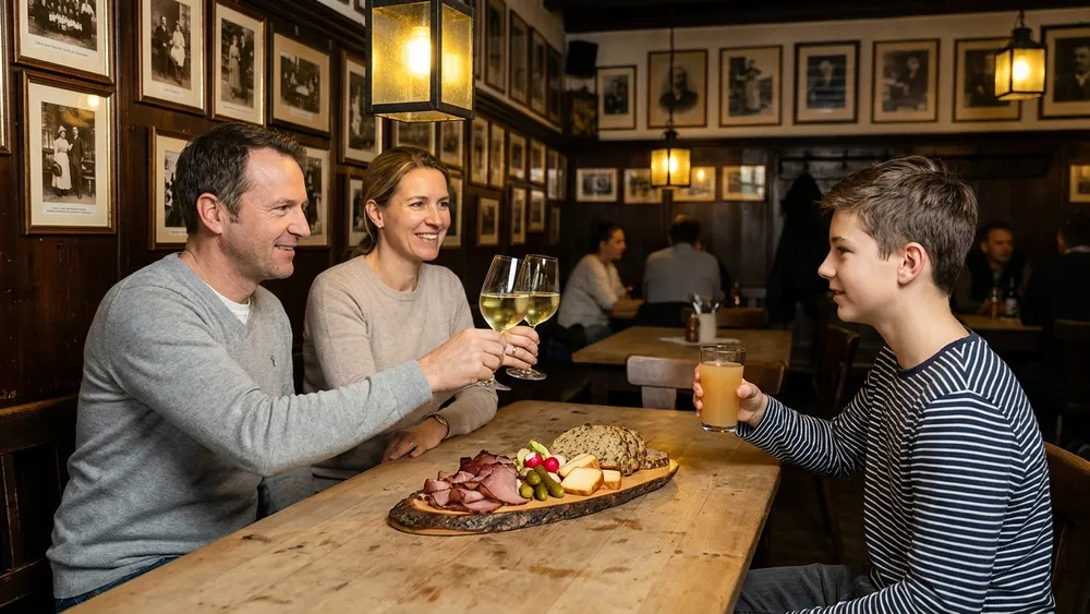 Heuriger in Grinzing Wien – Familie stoßt mit Grünem Veltliner über einer Brettljause an