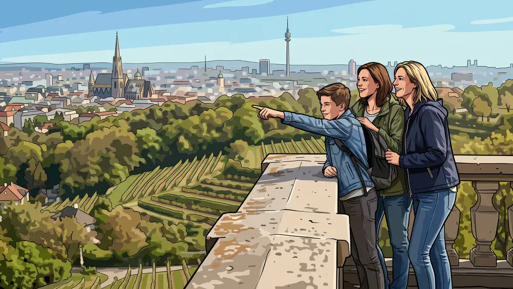 Kahlenberg Wien – Familie blickt von der Aussichtsterrasse auf die ganze Stadt
