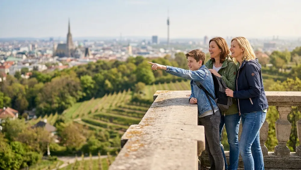 Kahlenberg Wien – Familie blickt von der Aussichtsterrasse auf die ganze Stadt