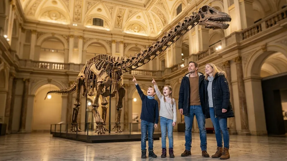 Naturhistorisches Museum Wien – Familie betrachtet ein Saurier-Skelett im Prachtsaal
