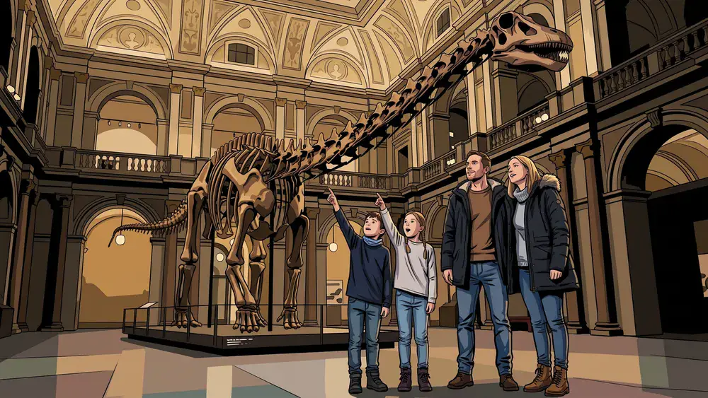 Naturhistorisches Museum Wien – Familie betrachtet ein Saurier-Skelett im Prachtsaal