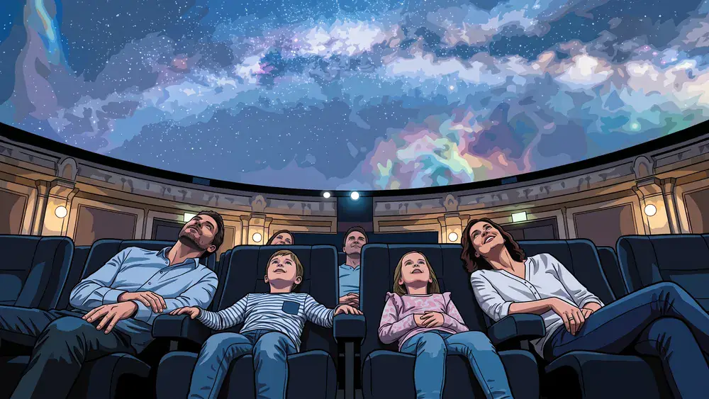 Planetarium Wien – Familie blickt in den Kuppelhimmel mit Sternenprojektion