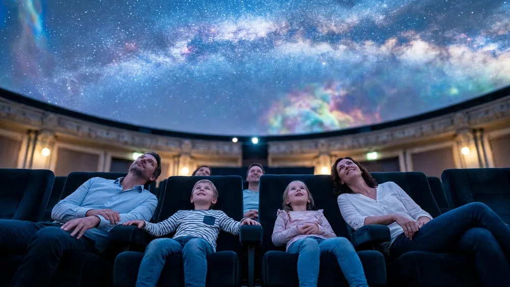Planetarium Wien – Familie blickt in den Kuppelhimmel mit Sternenprojektion