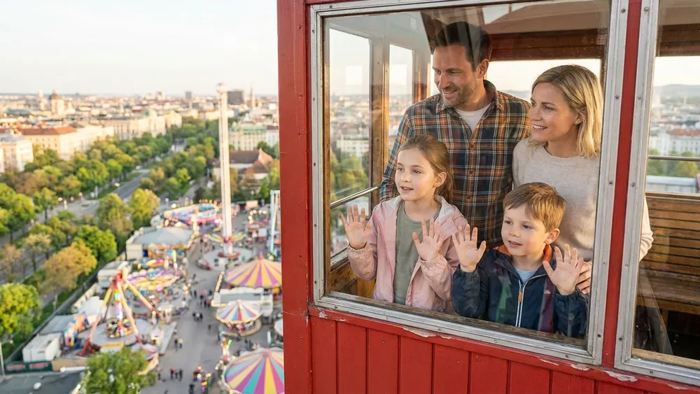 Wiener Riesenrad – Familie blickt aus einer Gondel über den Prater und Wien