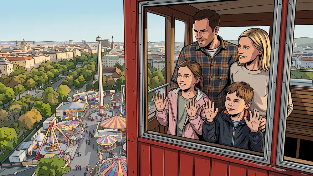 Wiener Riesenrad – Familie blickt aus einer Gondel über den Prater und Wien