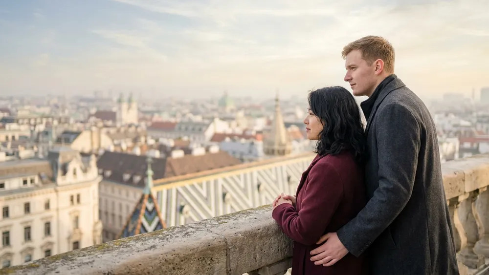 Stephansdom Wien – Zwei Personen blicken vom Südturm über das gemusterte Dach auf die Wiener Innenstadt