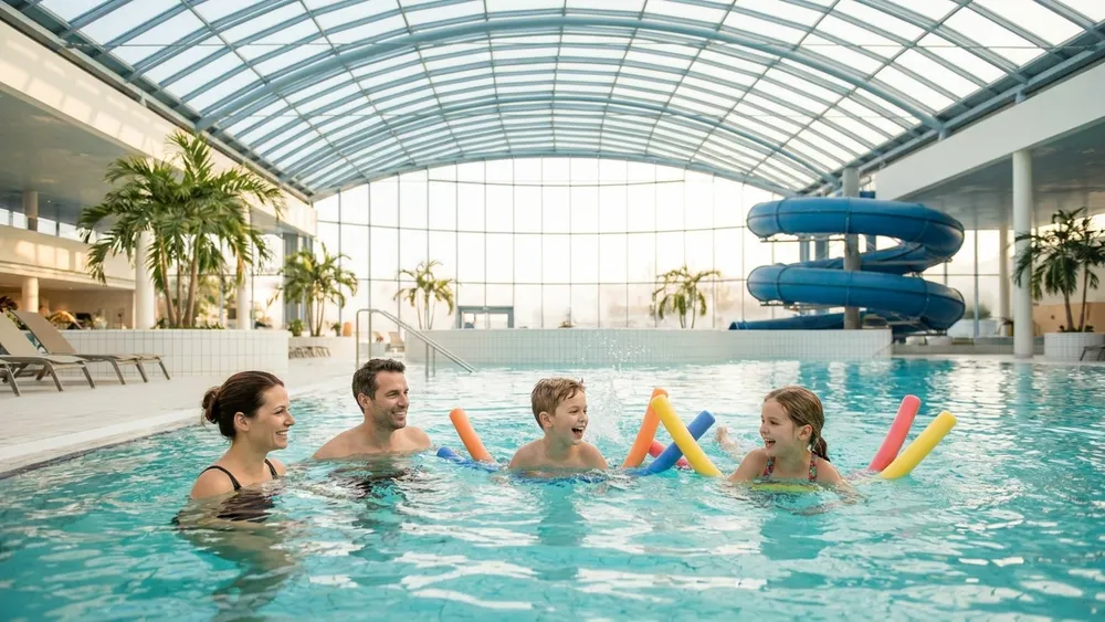 Therme Wien – Familie schwimmt im großen Innenbecken unter Glaskuppel