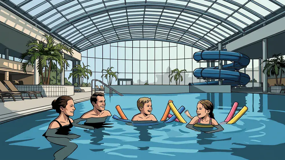 Therme Wien – Familie schwimmt im großen Innenbecken unter Glaskuppel