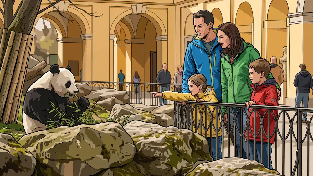 Tiergarten Schönbrunn Wien – Familie beobachtet einen Pandabären im Gehege vor historischer Zoo-Architektur