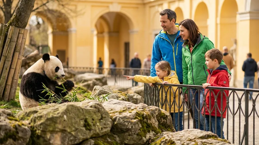 Tiergarten Schönbrunn Wien – Familie beobachtet einen Pandabären im Gehege vor historischer Zoo-Architektur
