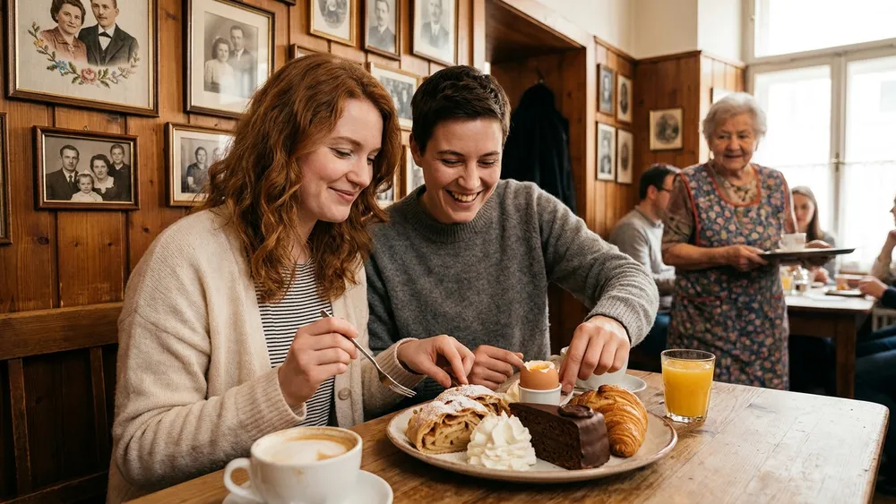 Vollpension Wien – Zwei Personen mit reichhaltigem Brunch-Teller und frischem Apfelstrudel