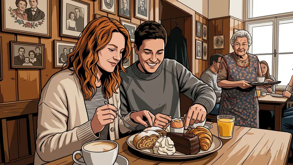 Vollpension Wien – Zwei Personen mit reichhaltigem Brunch-Teller und frischem Apfelstrudel