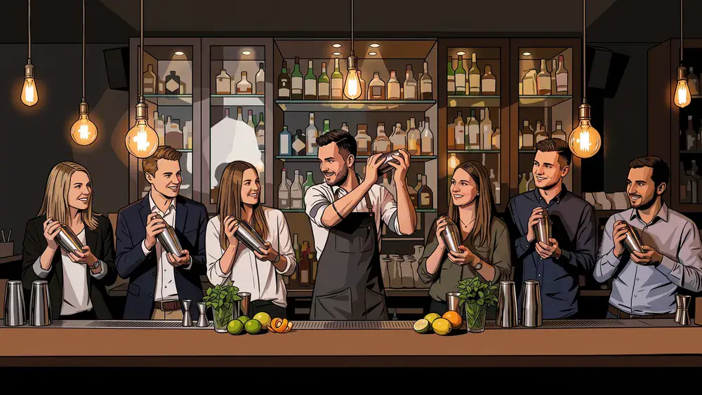 Cocktailkurs in Wien – Team mixt Cocktails hinter einer beleuchteten Bar mit Anleitung in der Innenstadt
