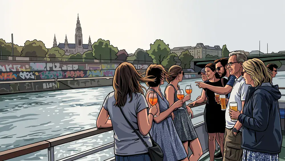 DDSG Donaurundfahrt in Wien – Kollegen stehen an Deck eines Donauschiffs mit Blick auf die Uferpromenade