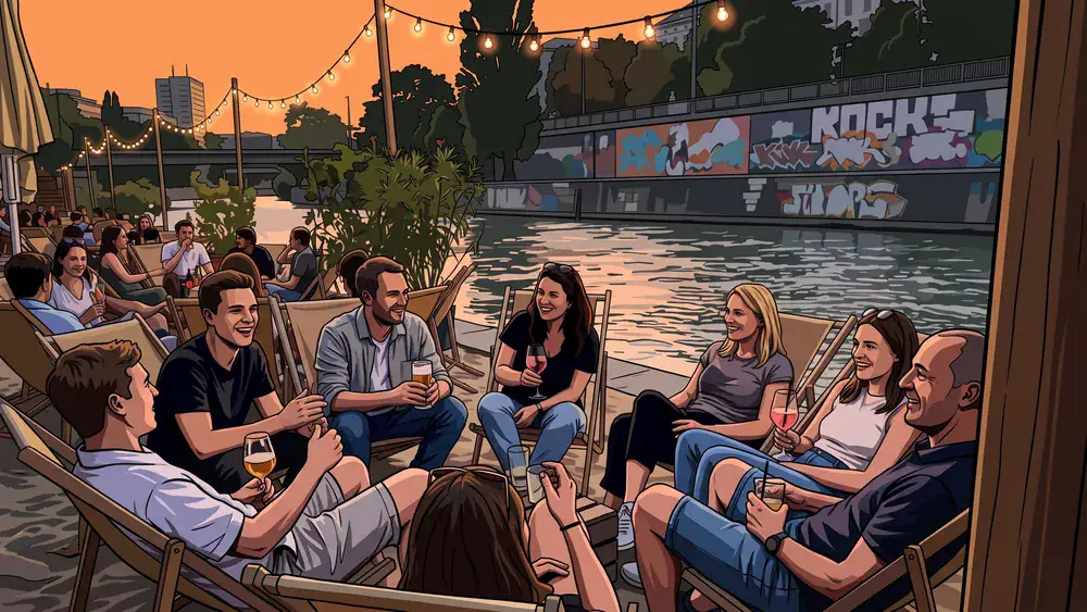 Donaukanal Wien – Kollegen sitzen mit Drinks am Sandstrand der Strandbar Herrmann