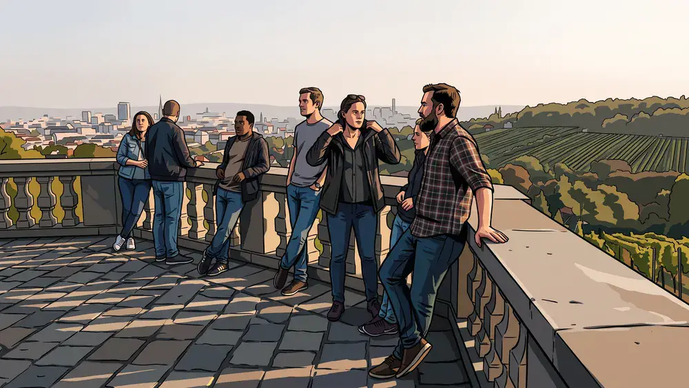Kahlenberg Wien – Kollegen blicken bei Sonnenuntergang von der Aussichtsterrasse auf Wien