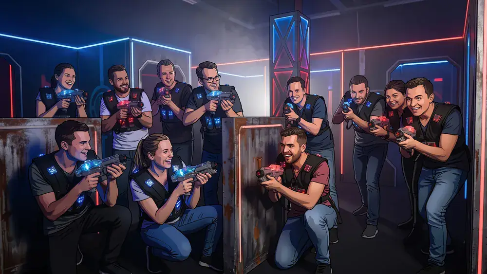 Lasertag in Wien – Team in tactical vests spielt in einer dunklen Neon-Arena im Prater