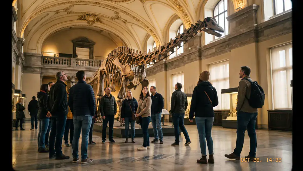 Naturhistorisches Museum Wien – Kollegen betrachten ein vollständiges Diplodocus-Saurierskelett im Prachtsaal