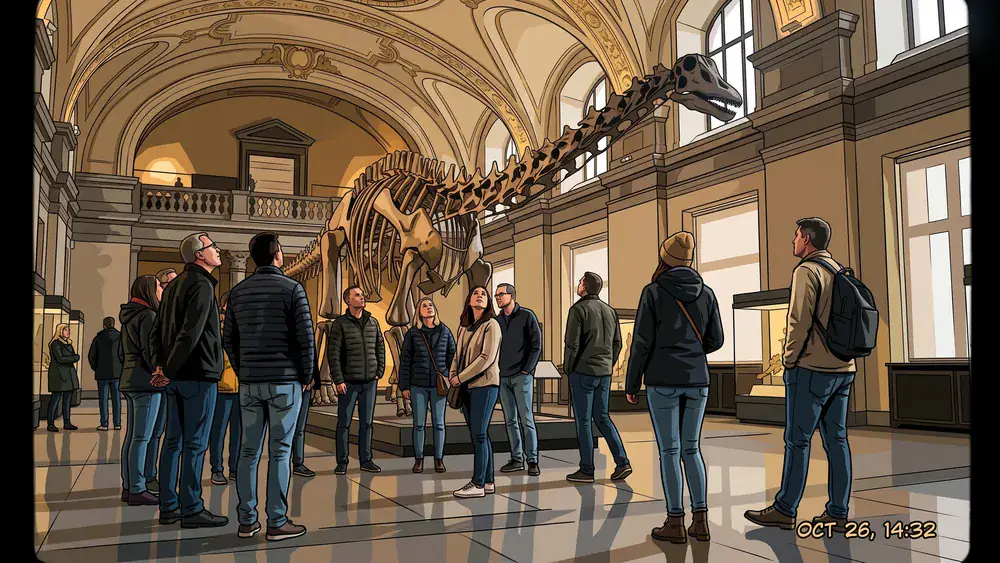 Naturhistorisches Museum Wien – Kollegen betrachten ein vollständiges Diplodocus-Saurierskelett im Prachtsaal