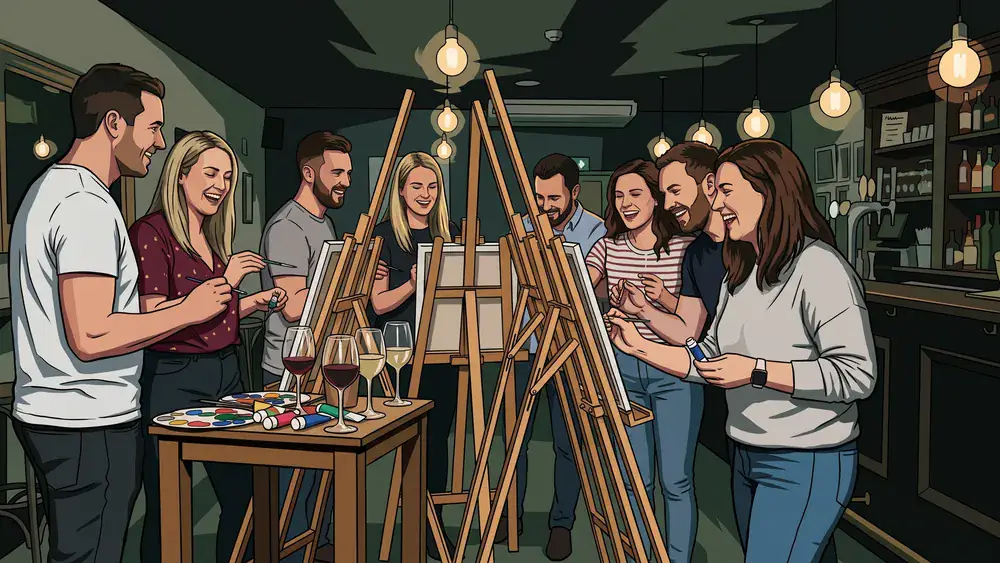 Painting Party in Wien – Team malt an Staffeleien mit Wein in gemütlicher Bar-Atmosphäre