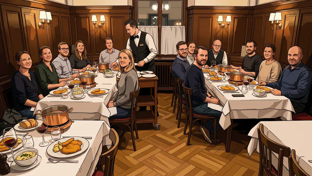 Plachutta in Wien – Team isst Wiener Tafelspitz aus Kupfertöpfen an langen Tischen in Wien