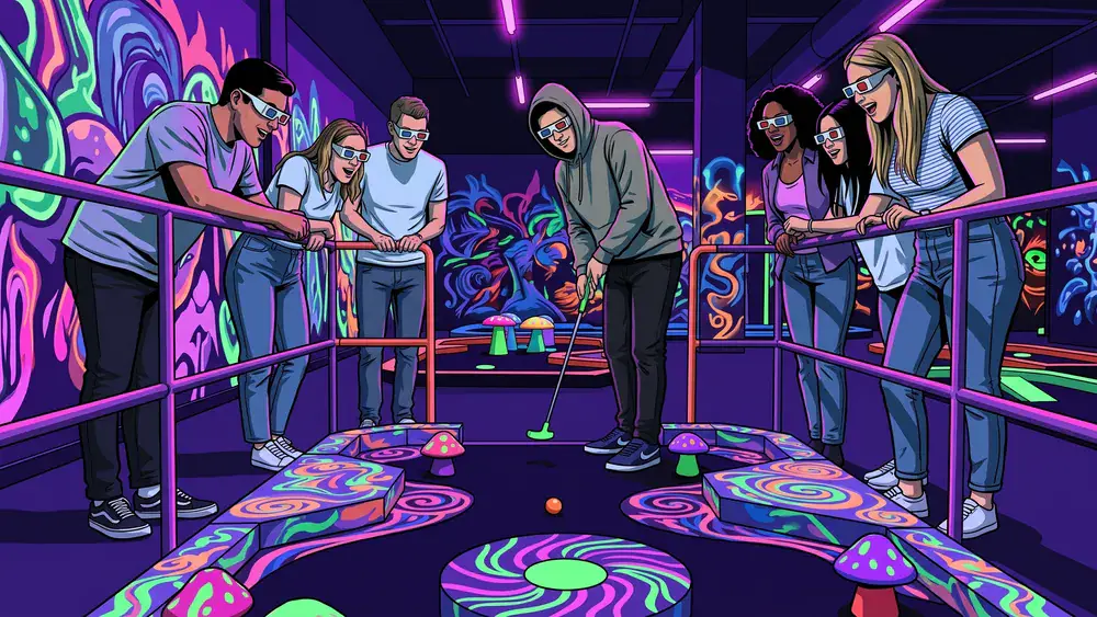 Schwarzlicht Minigolf in Wien – Team spielt mit 3D-Brillen Minigolf in leuchtender Neonwelt