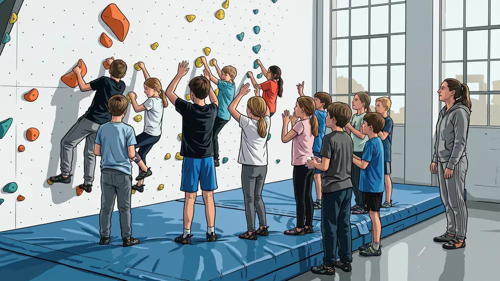 Boulderbar Wien – Schulklasse klettert und sichert an einer farbigen Indoor-Boulderwand