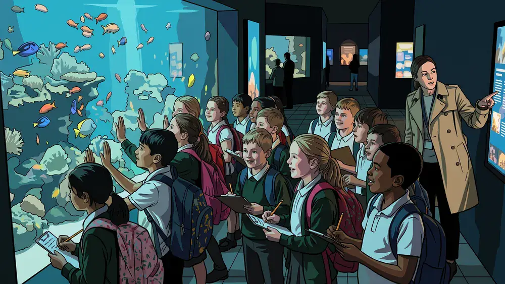 Haus des Meeres Wien – Schulklasse beobachtet ein Tropenriff-Aquarium