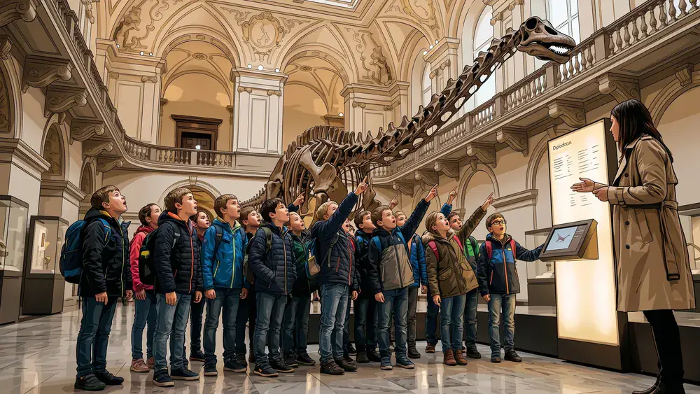 Naturhistorisches Museum Wien – Schulklasse betrachtet ein Diplodocus-Saurierskelett im Prachtsaal