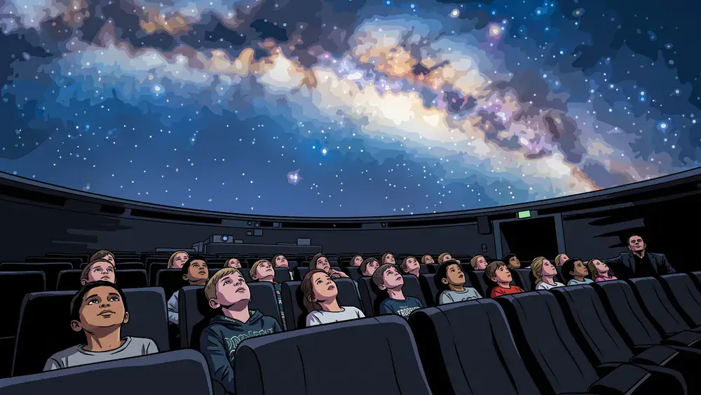 Planetarium Wien – Schulklasse blickt in den Kuppelhimmel mit Sternenprojektion