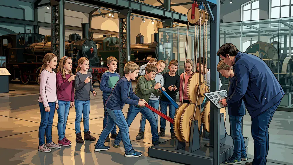 Technisches Museum Wien – Schulklasse experimentiert an einer interaktiven Mitmach-Station