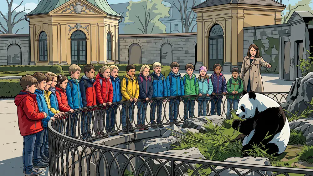 Tiergarten Schönbrunn Wien – Schulklasse beobachtet einen Pandabären im Gehege vor historischer Zoo-Architektur
