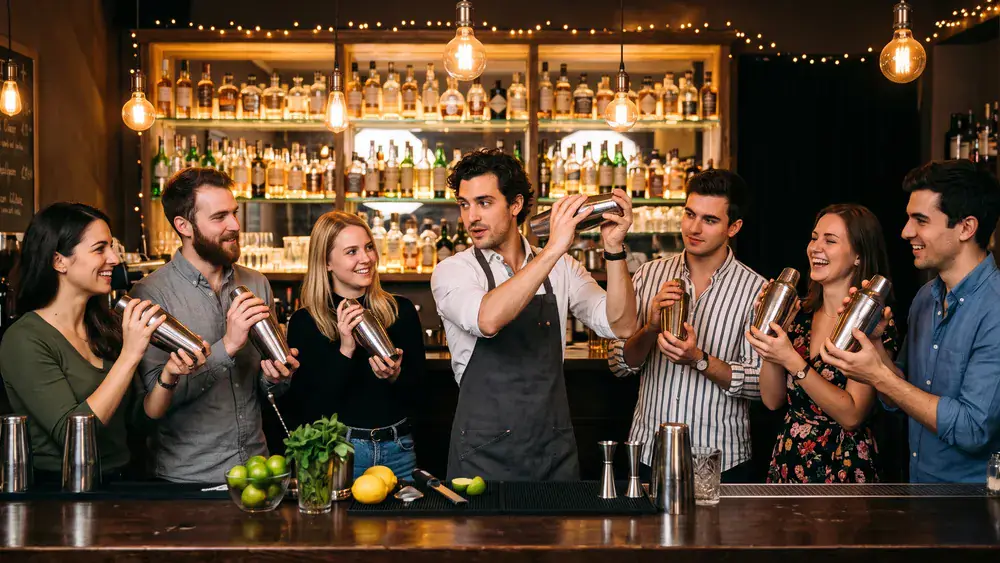 Cocktailkurs in Wien – Kollegen mixen bei der Weihnachtsfeier Cocktails hinter einer beleuchteten Bar in der Innenstadt