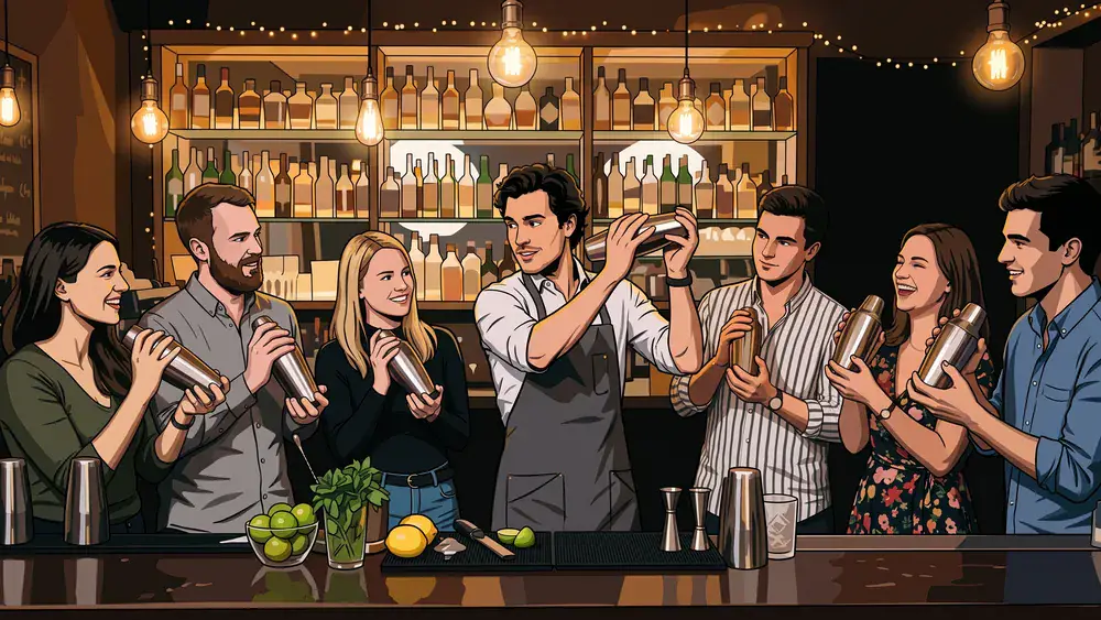 Cocktailkurs in Wien – Kollegen mixen bei der Weihnachtsfeier Cocktails hinter einer beleuchteten Bar in der Innenstadt