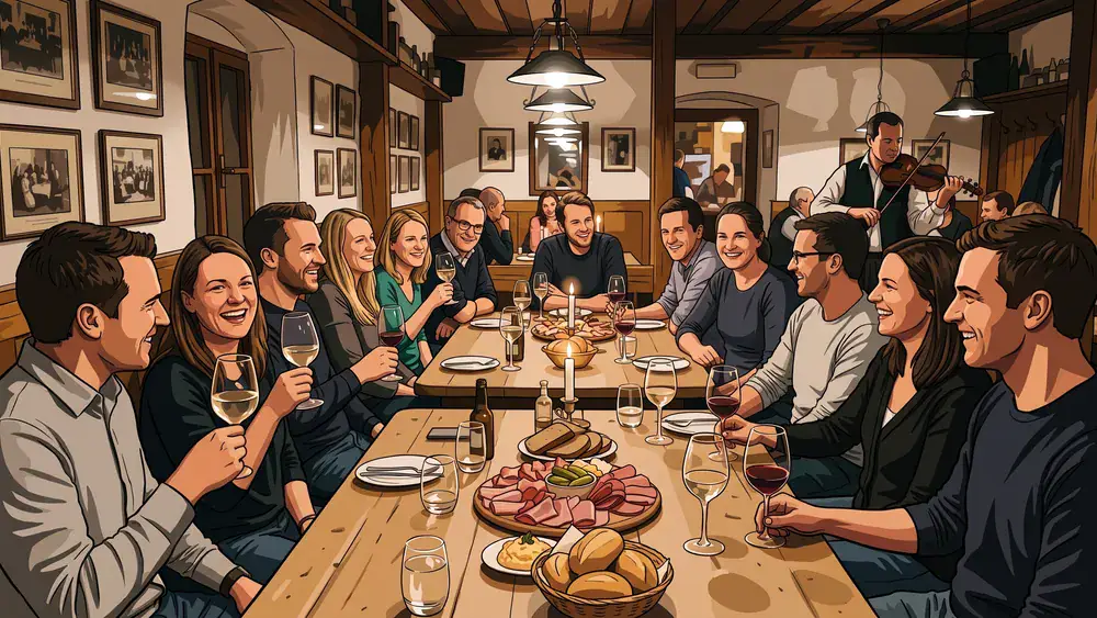 Heuriger Mayer am Pfarrplatz – Kollegen feiern die Weihnachtsfeier bei Wein und Schmankerln in einem Wiener Traditionsheurigen in Heiligenstadt