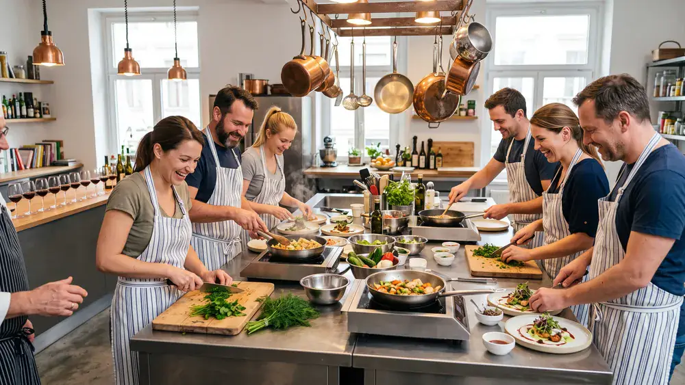 Kochkurs in Wien – Kollegen kochen gemeinsam ihr Weihnachtsmenü an einer großen Kochinsel im 1. Bezirk