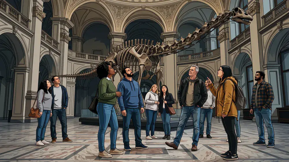 Naturhistorisches Museum Wien – Kollegen betrachten bei der Weihnachtsfeier ein Diplodocus-Saurierskelett im Prachtsaal