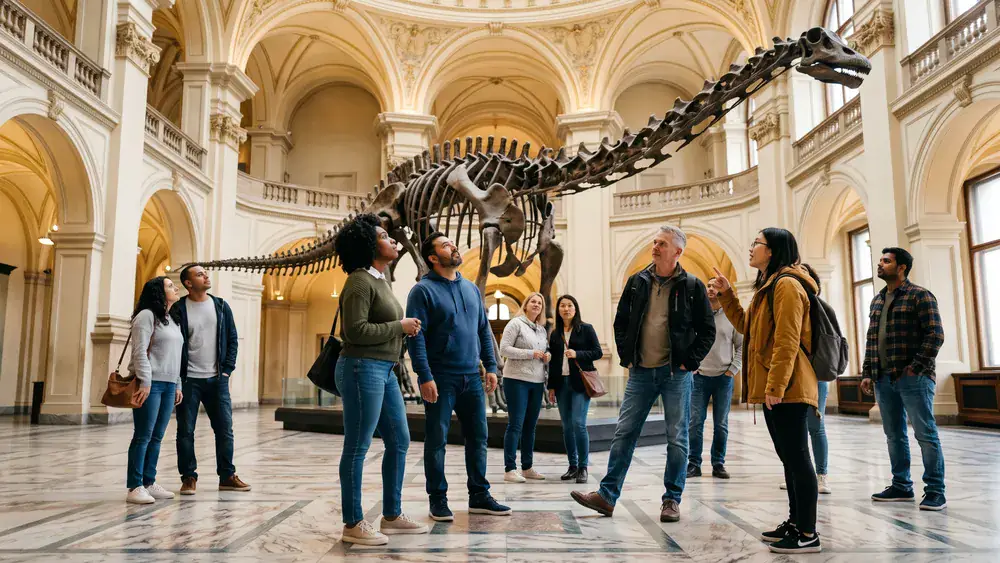 Naturhistorisches Museum Wien – Kollegen betrachten bei der Weihnachtsfeier ein Diplodocus-Saurierskelett im Prachtsaal