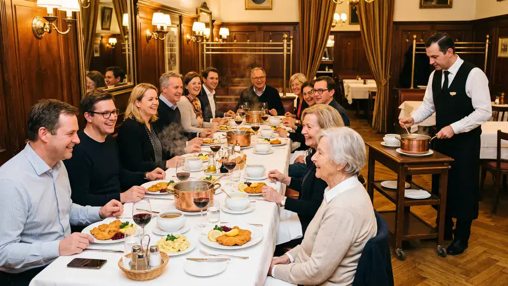 Plachutta in Wien – Kollegen essen bei der Weihnachtsfeier Wiener Tafelspitz aus Kupfertöpfen an langen Tischen im 1. Bezirk