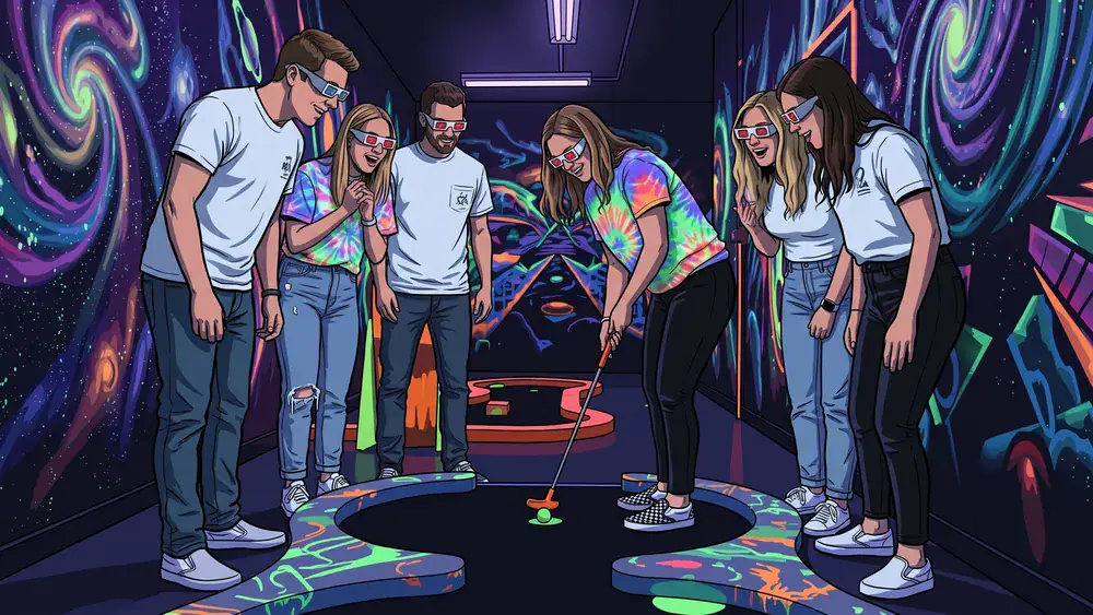 Schwarzlicht Minigolf in Wien – Kollegen spielen mit 3D-Brillen Minigolf in leuchtender Neonwelt bei der Weihnachtsfeier