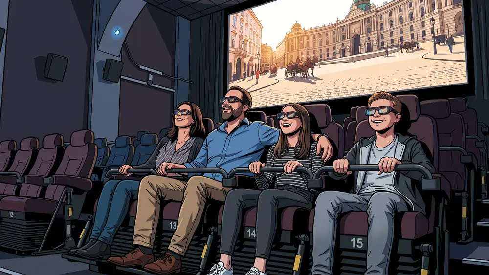 Time Travel Vienna – Kollegen mit 3D-Brillen in einer 5D-Show zur Wiener Geschichte als Auftakt der Weihnachtsfeier