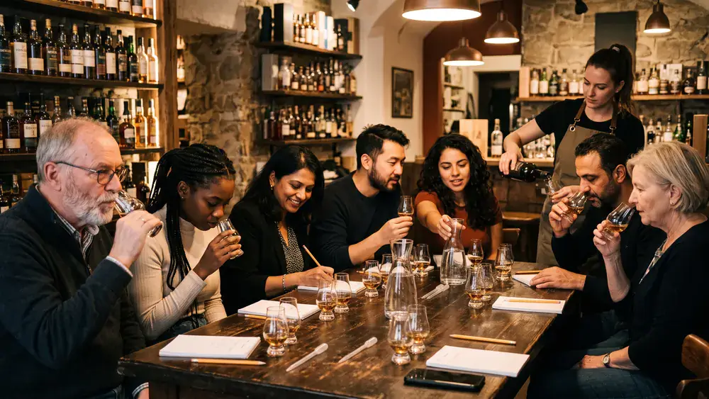 Whisky-Tasting in Wien – kleine Kollegenrunde verkostet bei der Weihnachtsfeier unter Anleitung mehrere Single Malts an einem Holztisch