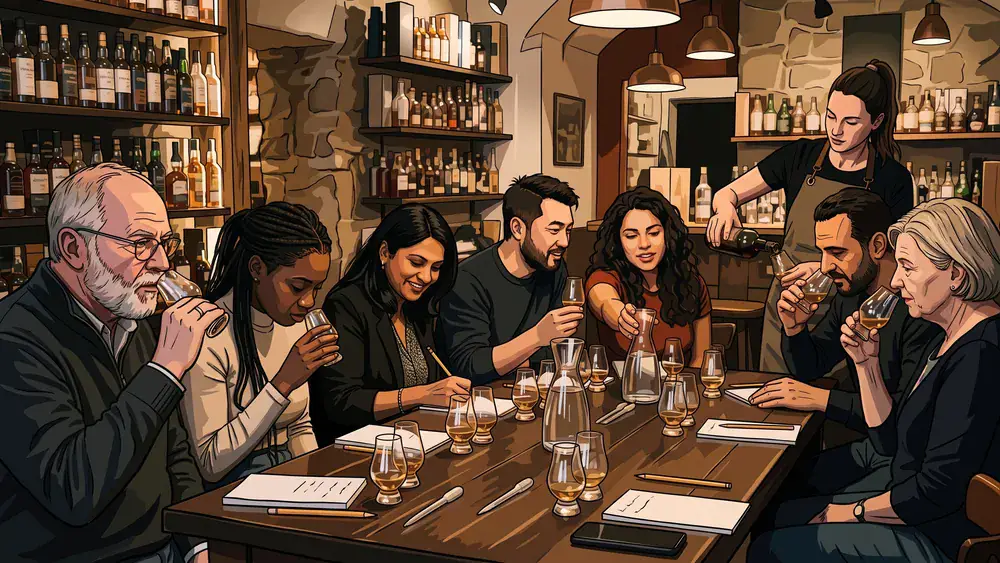 Whisky-Tasting in Wien – kleine Kollegenrunde verkostet bei der Weihnachtsfeier unter Anleitung mehrere Single Malts an einem Holztisch
