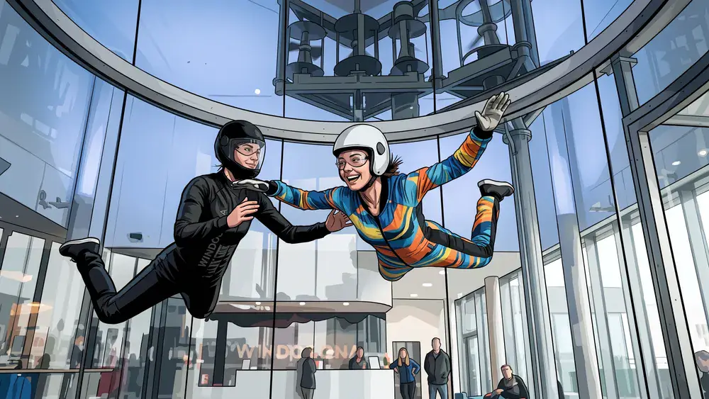 Windobona Wien – Kollege fliegt bei der Weihnachtsfeier im vertikalen Windkanal während Indoor Skydiving