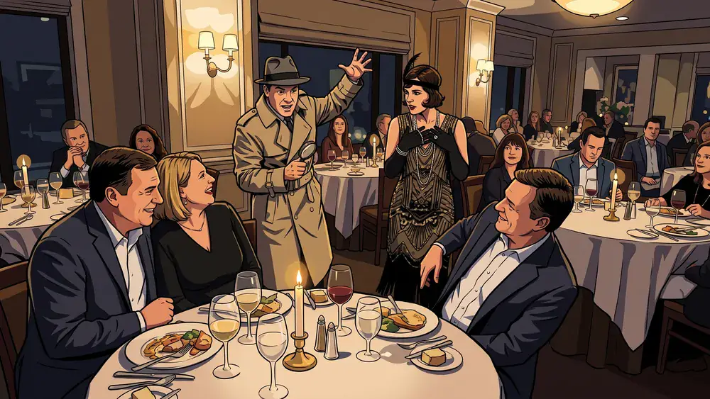 Krimidinner in Würzburg - Erwachsene verfolgen ein Krimi-Theaterstück beim Vier-Gänge-Menü